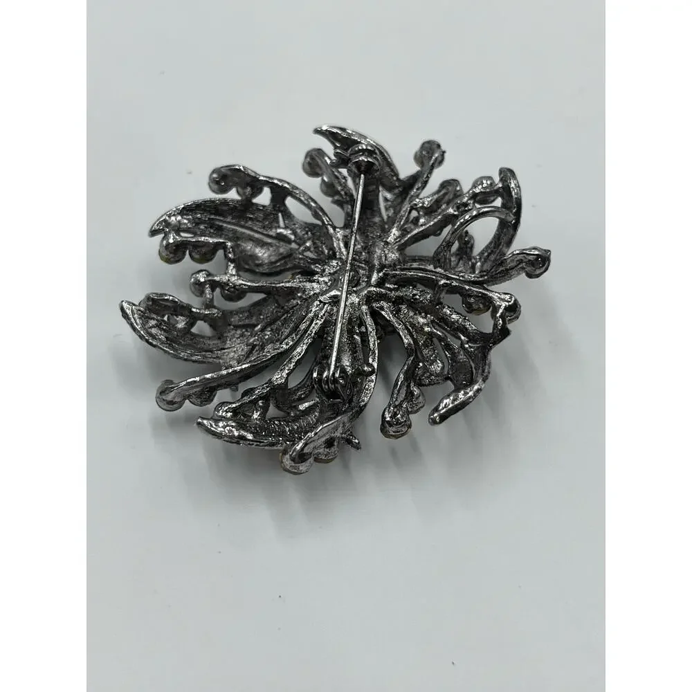 Vintage Black Metal‎ Brooch Pin Black clear Stones flower leaf bow ribbon Spray